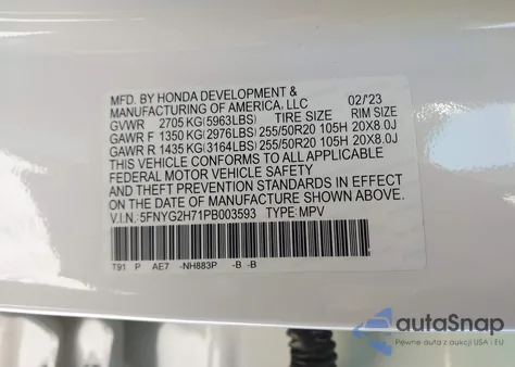 2023 Honda Pilot 2Wd Touring z USA, uszkodzony, nr VIN 5FNYG2H71PB003593